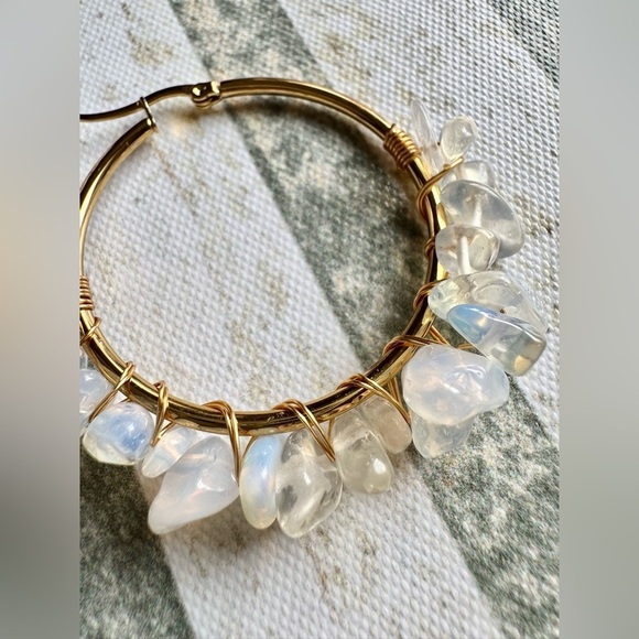 New Opalite Nugget Wire Wrapped Gold Tone Statement Hoop Earrings - 2” - Picture 4 of 6